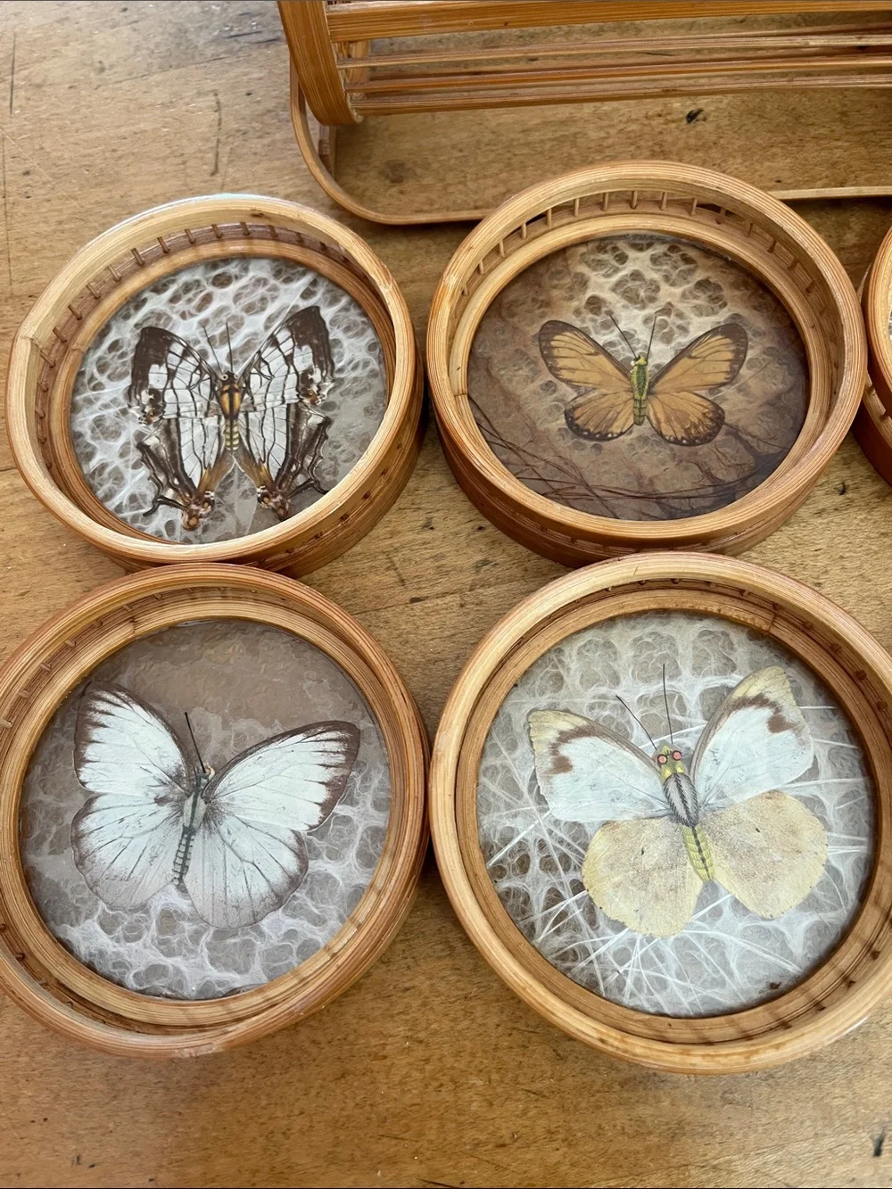 Vintage 1960s Retro Bamboo Butterfly Coaster Set six